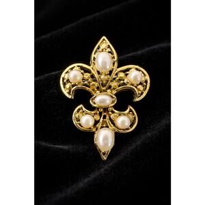 Vintage Fleur De Lis Faux Pearl Brooch Gold Tone Ornate Pin Statement
